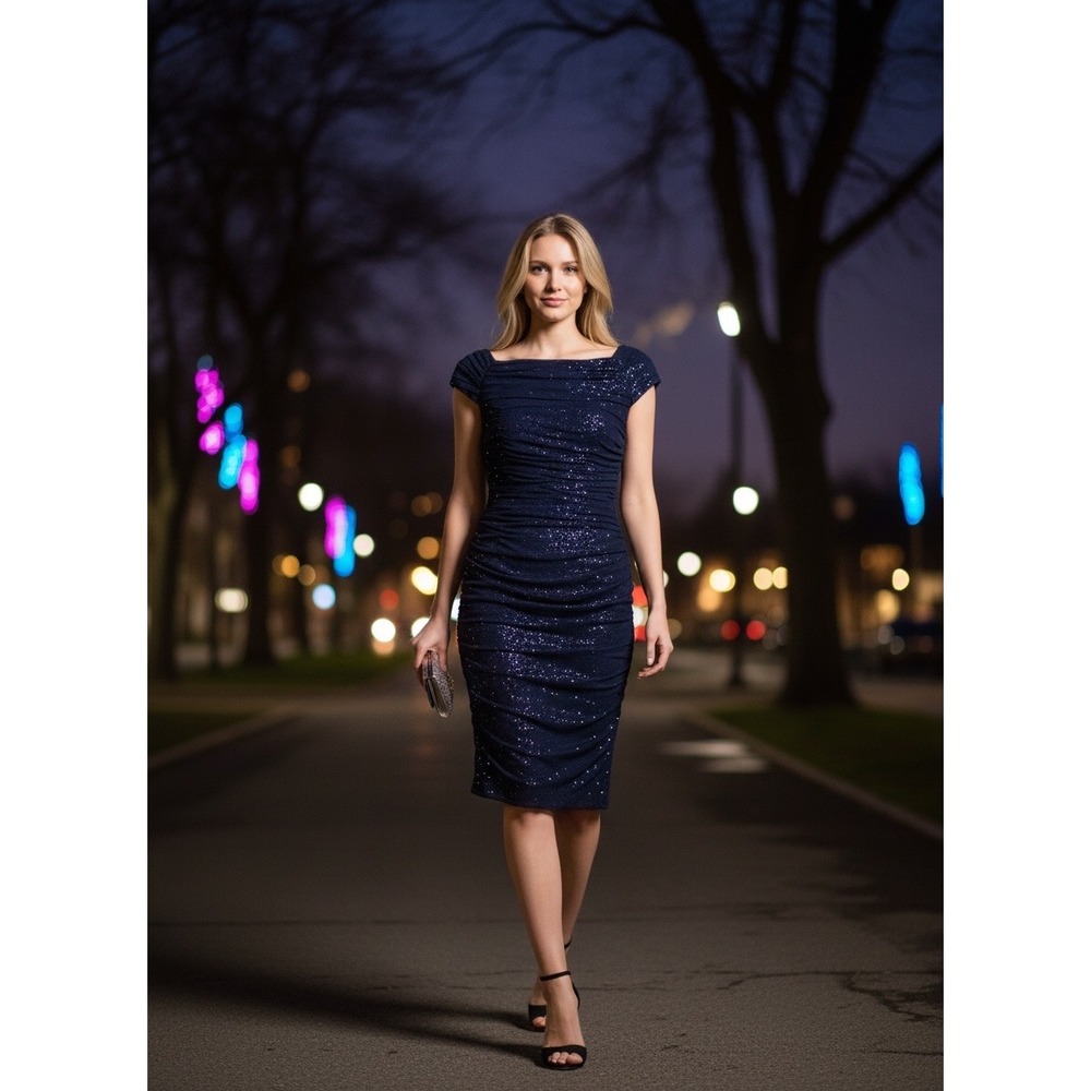 Lauren Ralph Lauren Navy Sequin Ruched Mesh Cap Sleeve‎ Sheath Dress Knee Length